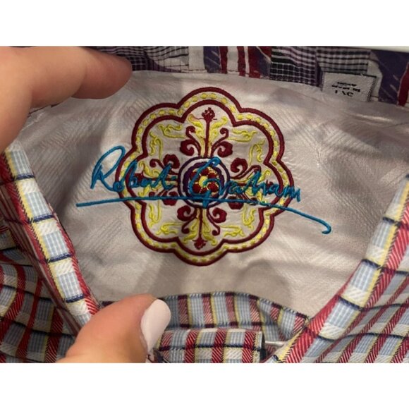 Robert Graham Maroon Blue Navy Checked Button Down Contrast Cuffs Size Large - Picture 5 of 12